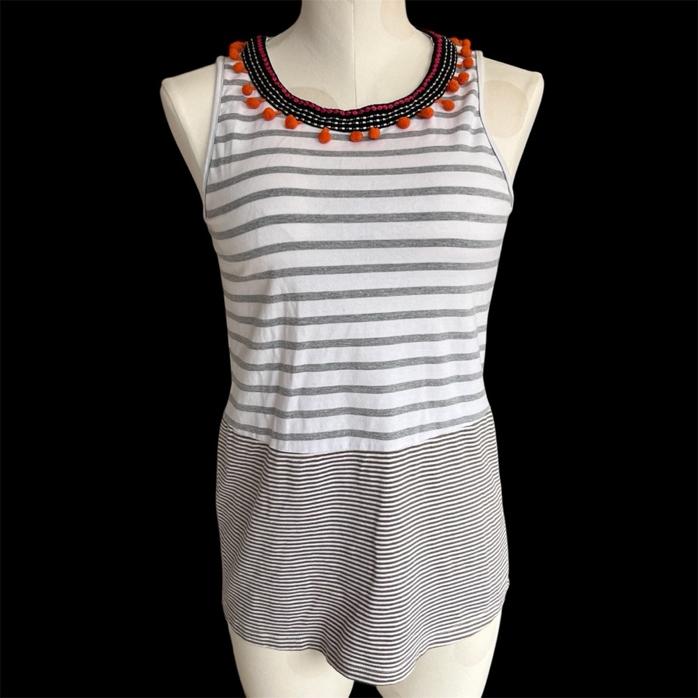 THML sleeveless striped top with pom pom neckline